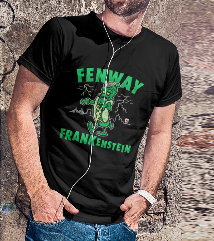 Fenway Frankenstein Halloween Zombie Monster With Lightning And Spooky Skyline T-Shirt