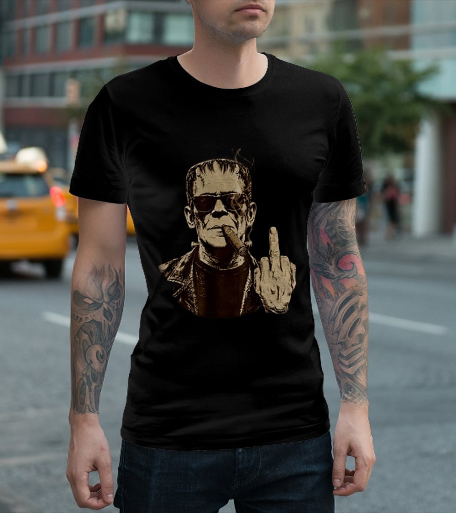 Frankenstein Cigar Middle Finger Smoking Horror Halloween T-Shirt