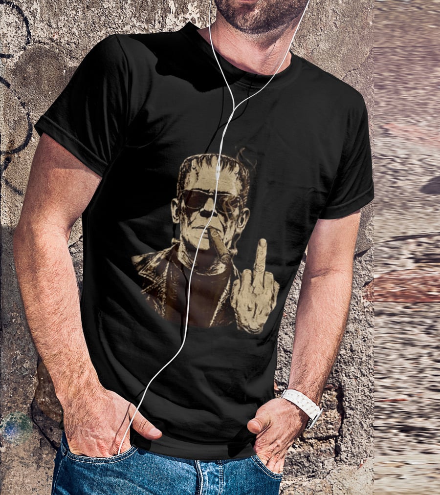 Frankenstein Cigar Middle Finger Smoking Horror Halloween T-Shirt