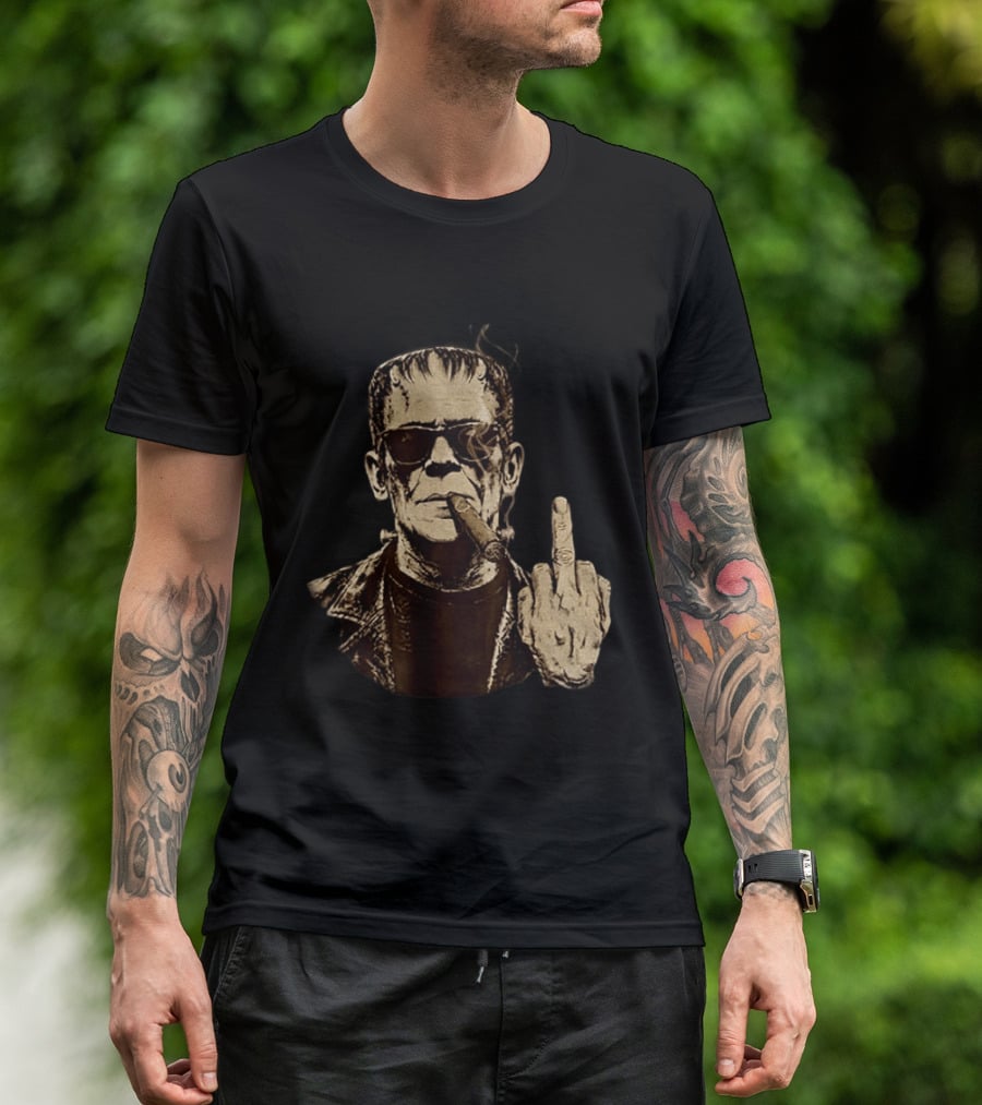 Frankenstein Cigar Middle Finger Smoking Horror Halloween T-Shirt