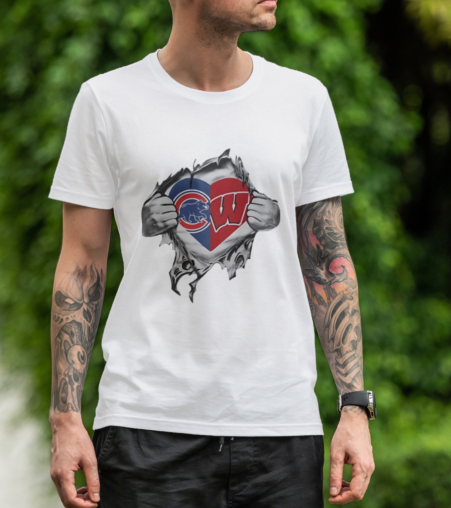 Chicago Cubs And Wisconsin Badgers Heart Rip T-Shirt