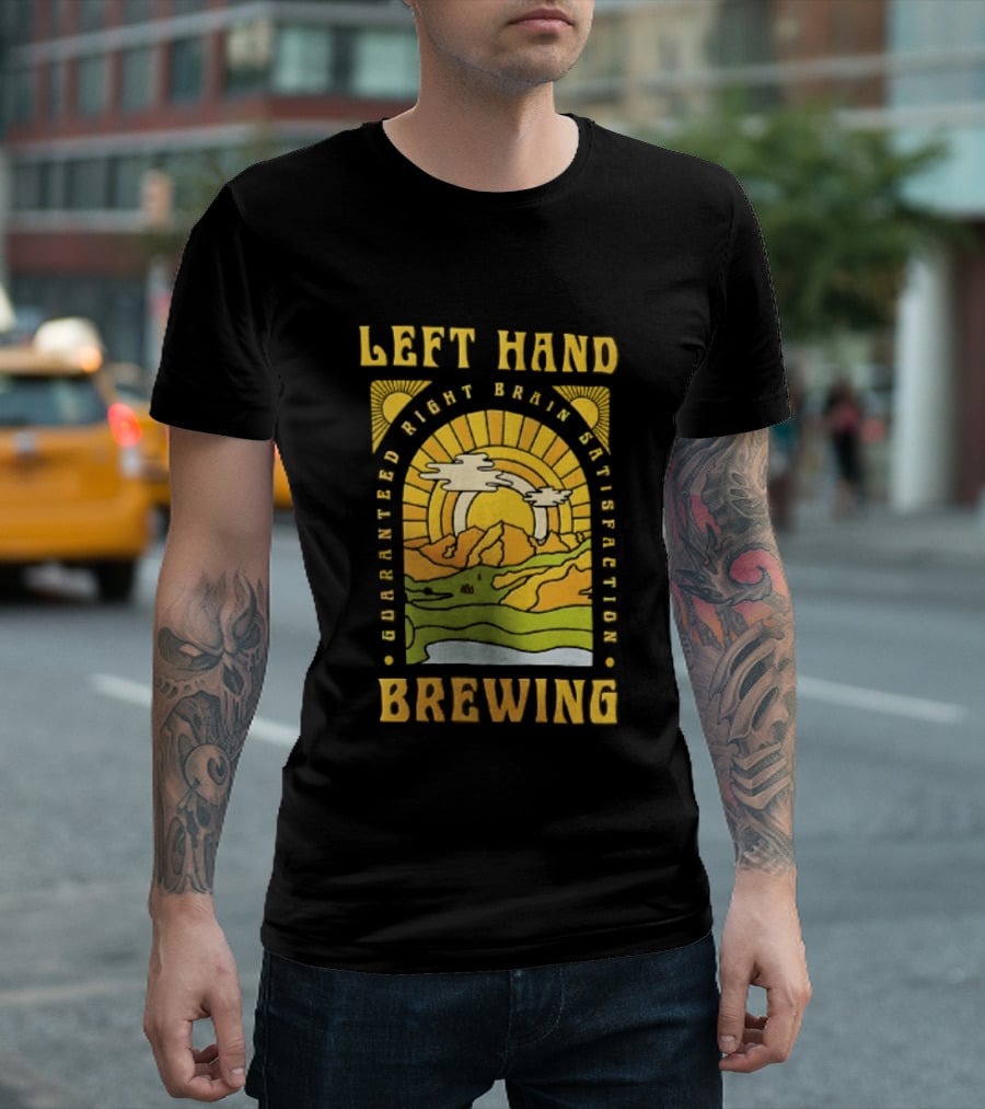 Left Hand Brewing Guaranteed Right Brain Satisfaction Sunburst River Landscape T-Shirt
