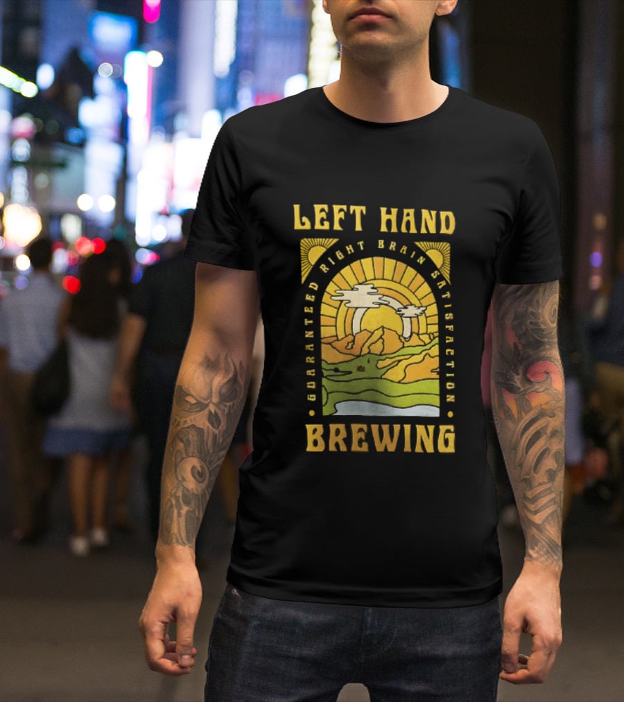 Left Hand Brewing Guaranteed Right Brain Satisfaction Sunburst River Landscape T-Shirt