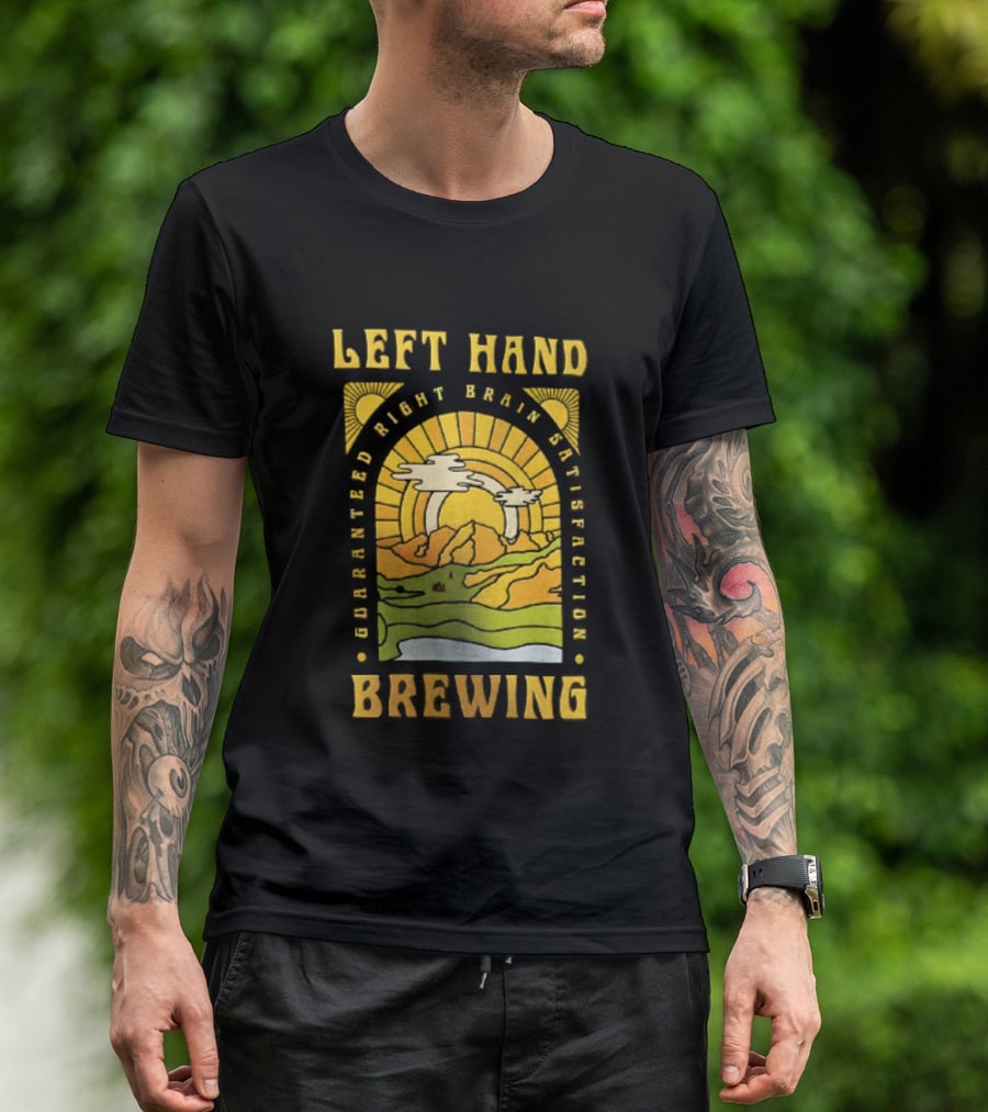 Left Hand Brewing Guaranteed Right Brain Satisfaction Sunburst River Landscape T-Shirt