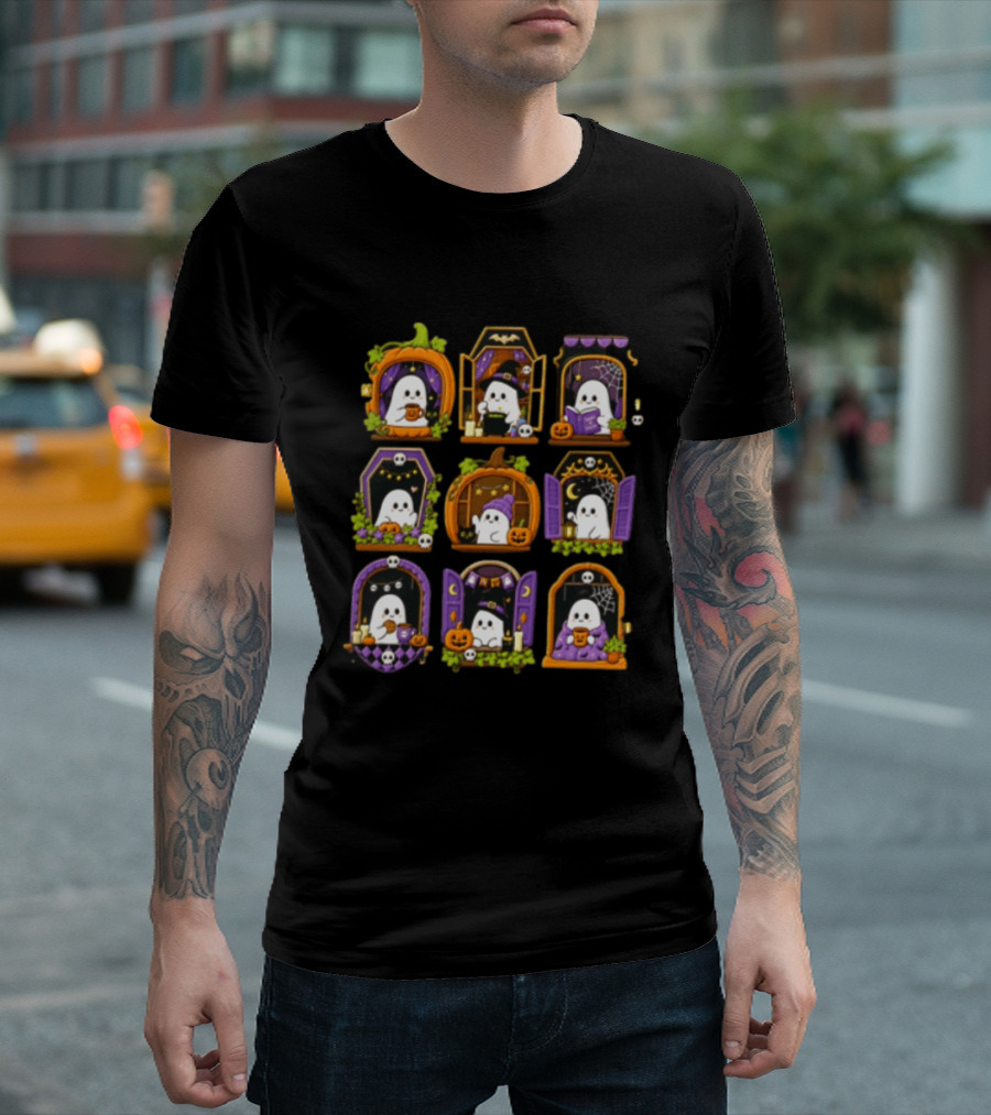 Halloween Ghost Pumpkin Witch Doors Autumn Scenes T-Shirt