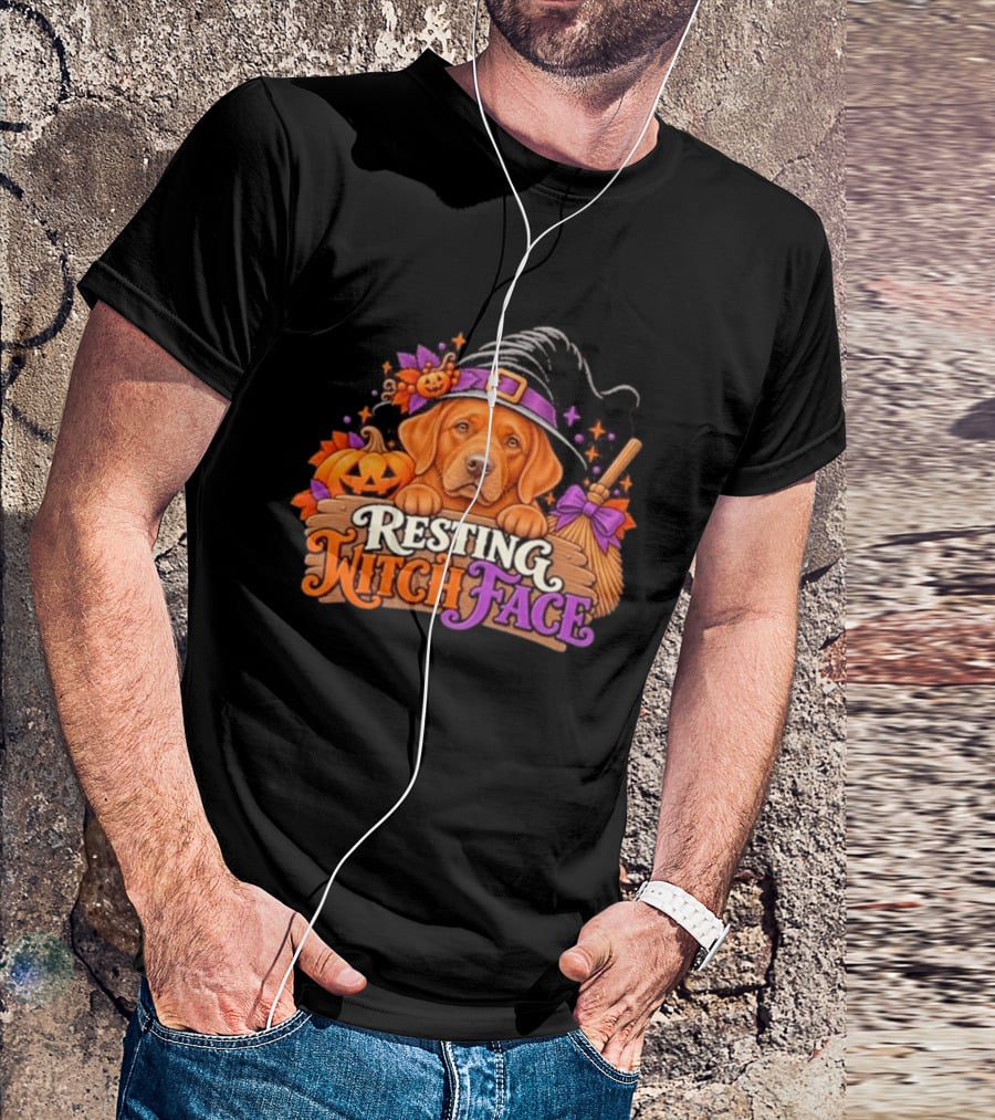 Resting Witch Face Dog Witch Hat Pumpkin Broom Halloween T-Shirt