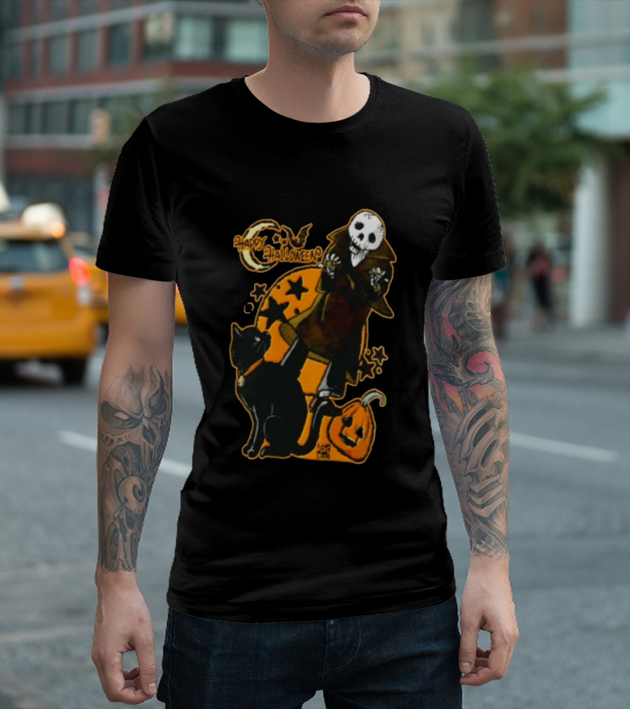Happy Halloween Skeleton With Black Cat And Pumpkin T-Shirt