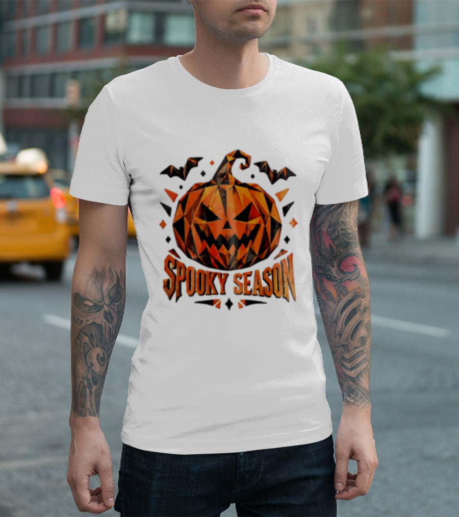 Spooky Season Geometric Pumpkin Halloween Bats T-Shirt
