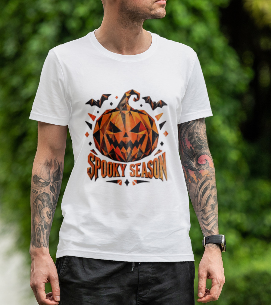 Spooky Season Geometric Pumpkin Halloween Bats T-Shirt