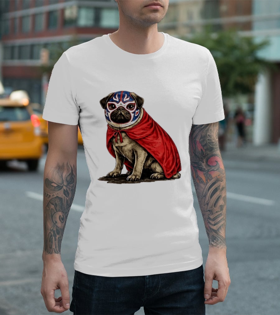 Lucha Libre Pug Red Cape Mexican Wrestling Dog Mask T-Shirt
