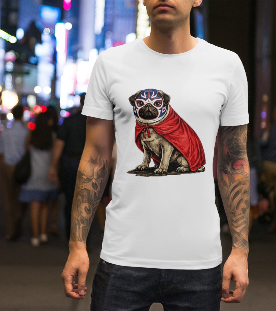 Lucha Libre Pug Red Cape Mexican Wrestling Dog Mask T-Shirt