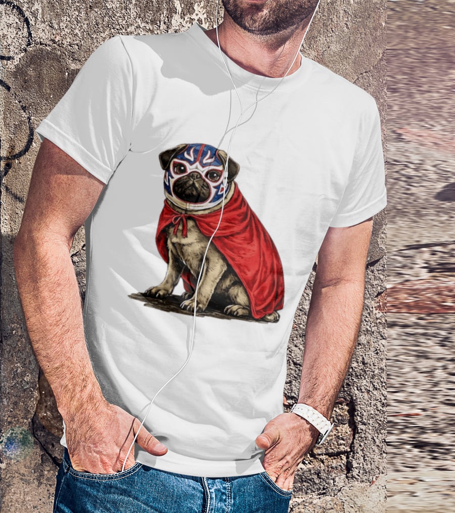 Lucha Libre Pug Red Cape Mexican Wrestling Dog Mask T-Shirt