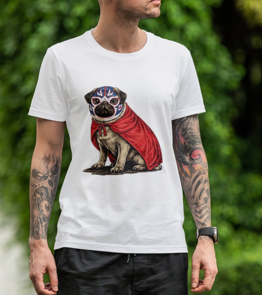 Lucha Libre Pug Red Cape Mexican Wrestling Dog Mask T-Shirt