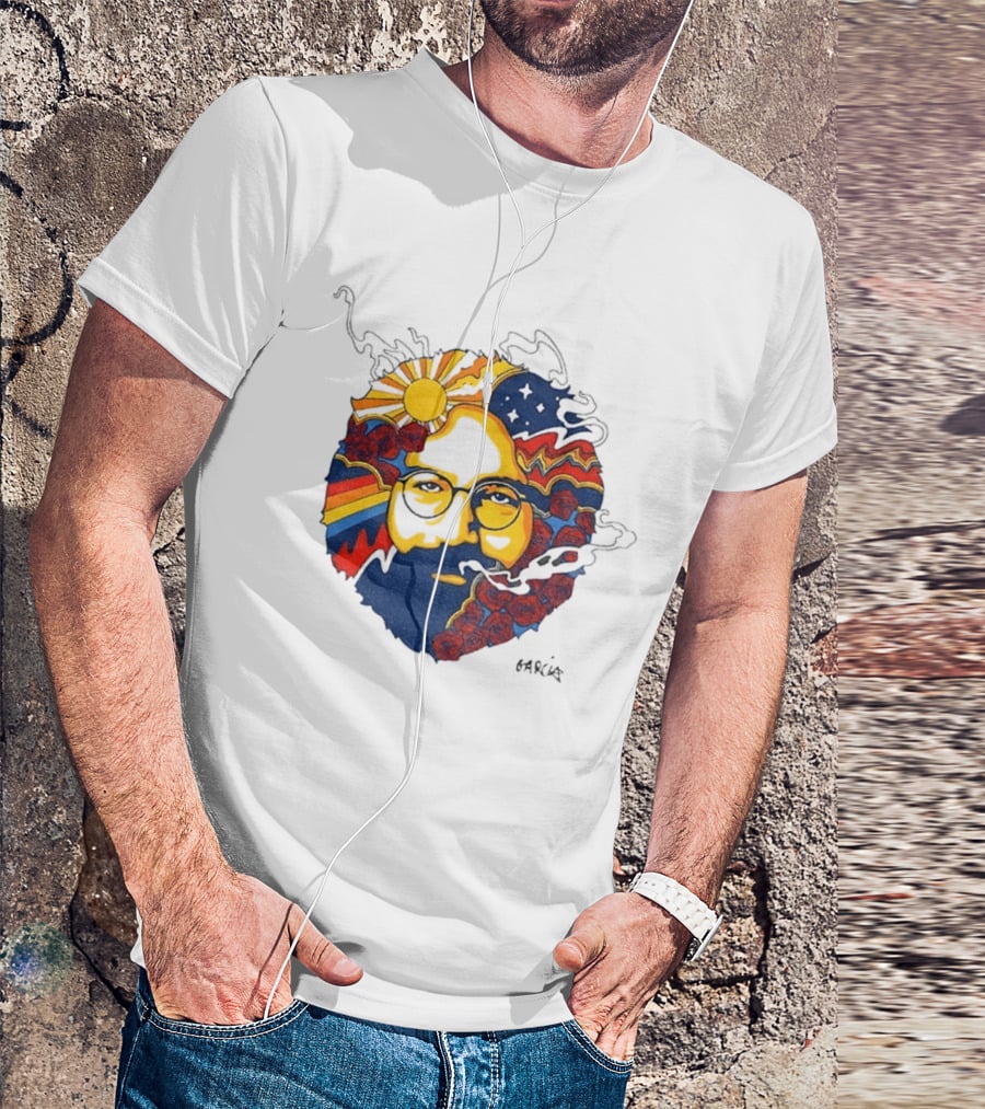 Psychedelic Jerry Garcia Face Sun Waves Stars Roses T-Shirt