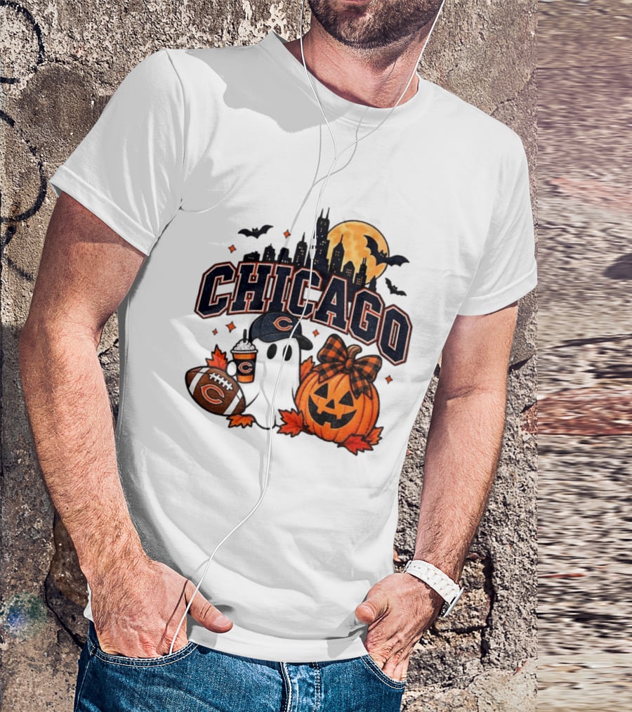Chicago Bears Halloween Ghost Pumpkin Football Skyline Moon T-Shirt