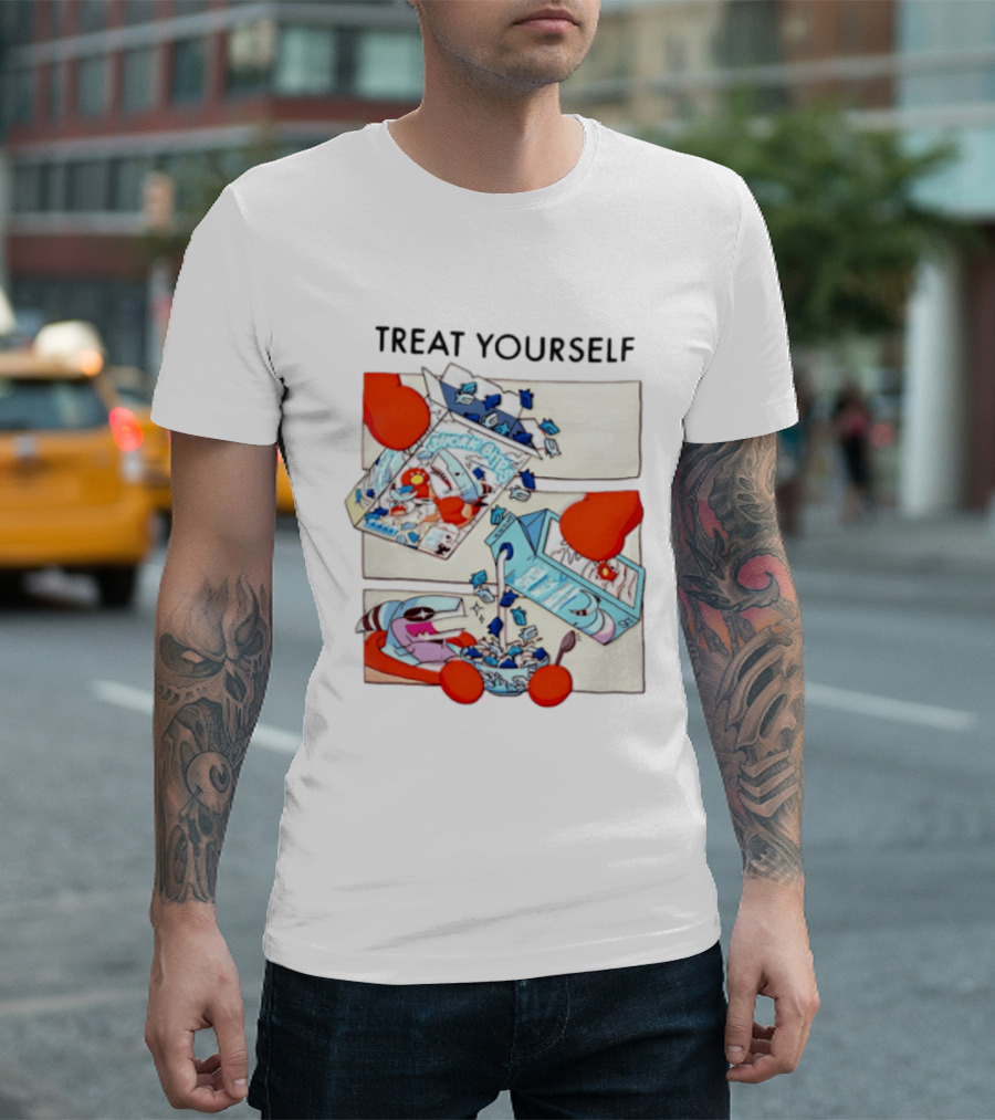 Treat Yourself Shork Bites Cereal Box Sharks Milk Breakfast Fun T-Shirt