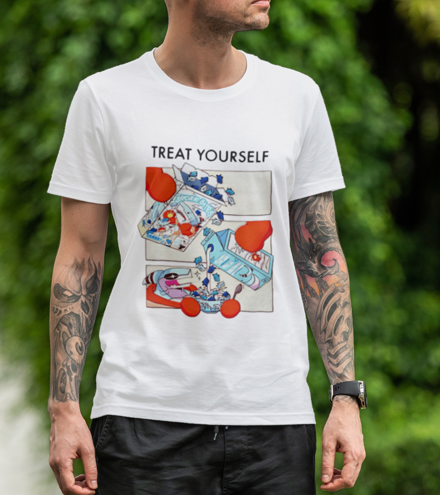 Treat Yourself Shork Bites Cereal Box Sharks Milk Breakfast Fun T-Shirt