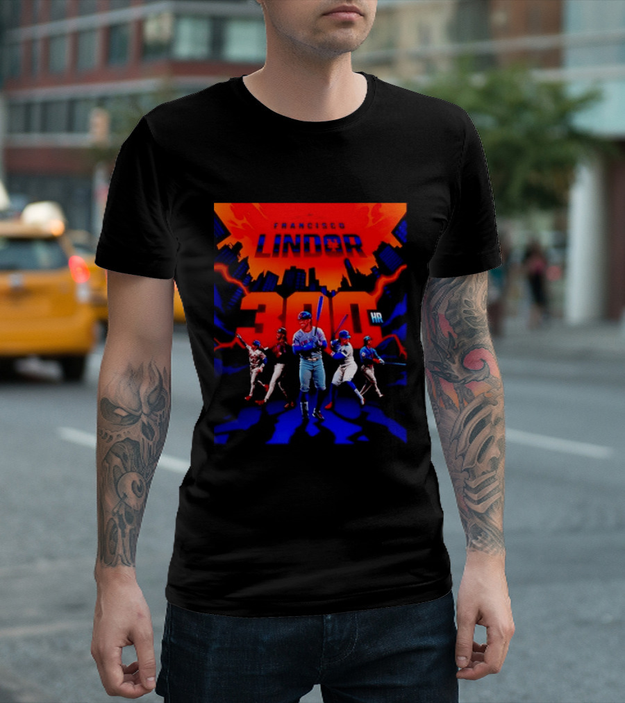 Francisco Lindor New York Mets 300 HR City Skyline Baseball Milestone T-Shirt