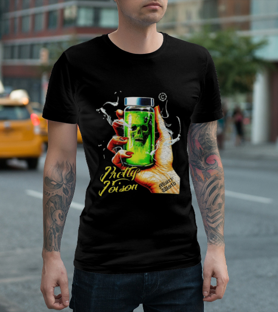 Pretty Poison Misery World Skull Bottle In Hand T-Shirt