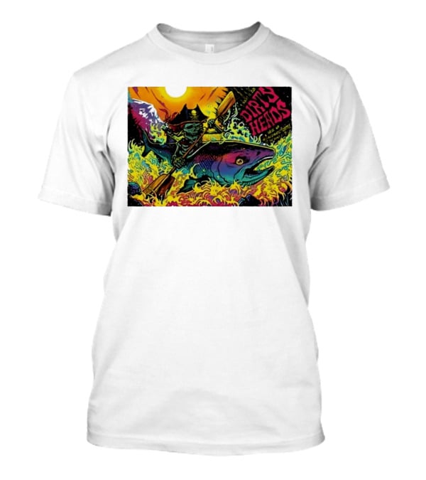 Dirty Heads Pirate Skeleton Kayaking Giant Fish Psychedelic Adventure T-Shirt