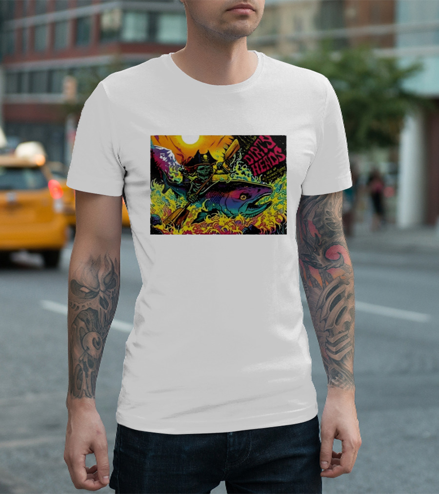 Dirty Heads Pirate Skeleton Kayaking Giant Fish Psychedelic Adventure T-Shirt
