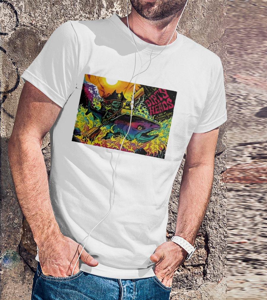 Dirty Heads Pirate Skeleton Kayaking Giant Fish Psychedelic Adventure T-Shirt
