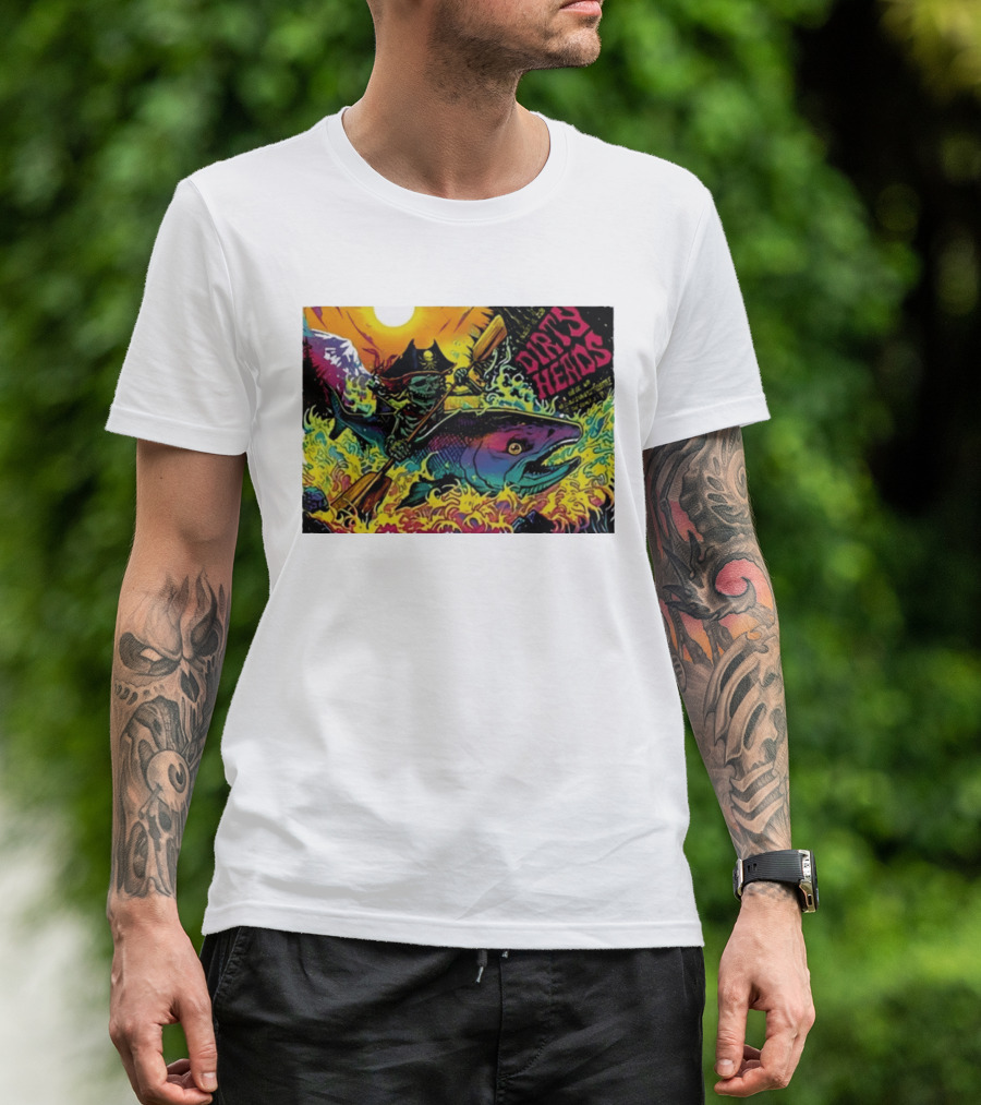 Dirty Heads Pirate Skeleton Kayaking Giant Fish Psychedelic Adventure T-Shirt