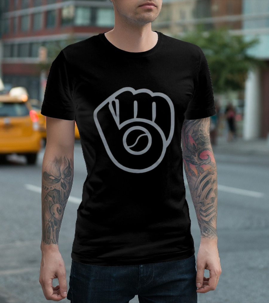 Milwaukee Brewers MLB Baseball Fan Gear Black Color With Glove And Ball T-Shirt