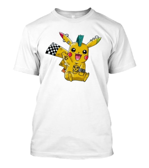 Punkachu Pikachu Mohawk Skull Anarchist Punk Rock Style Checkered Flag Details T-Shirt