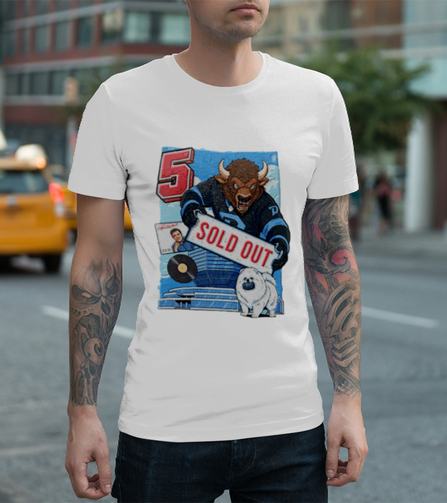 5 Bison Sold Out Sign White Fluffy Dog Holding Puck T-Shirt