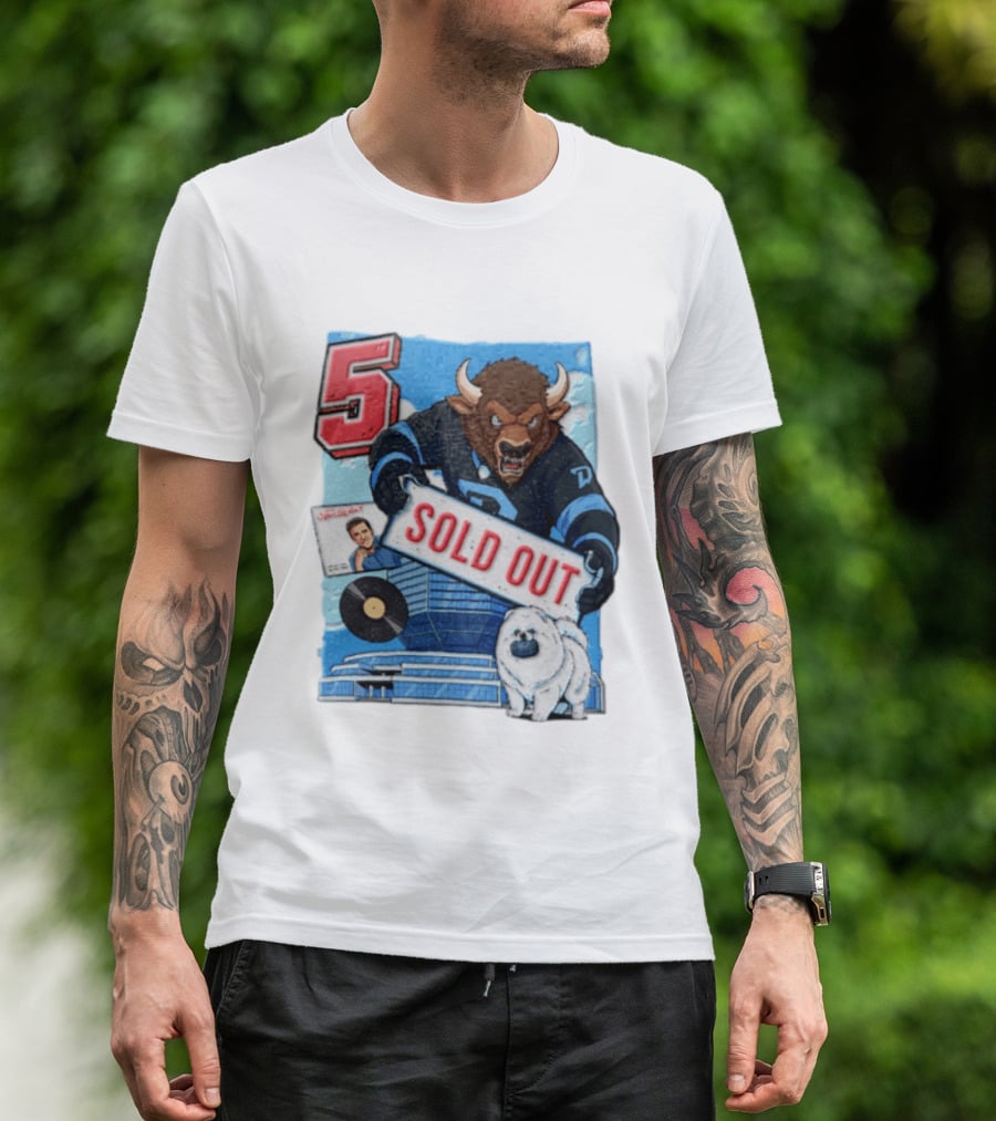 5 Bison Sold Out Sign White Fluffy Dog Holding Puck T-Shirt