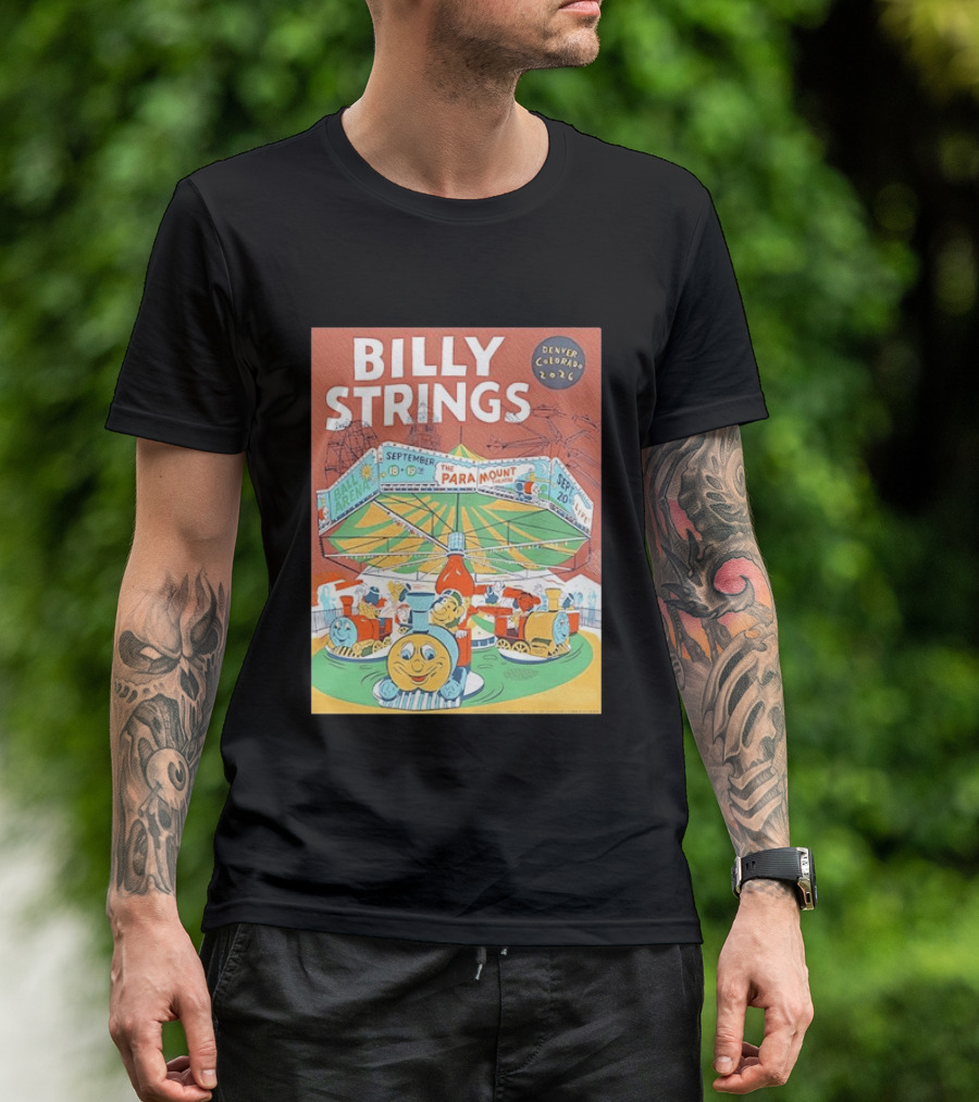 Billy Strings Denver Colorado 2026 Ball Arena Paramount Theatre September Concert Featuring Train Carousel Illustrations T-Shirt