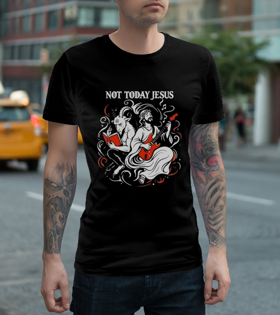 Not Today Jesus Guitar With Baphomet Goat T-Shirt