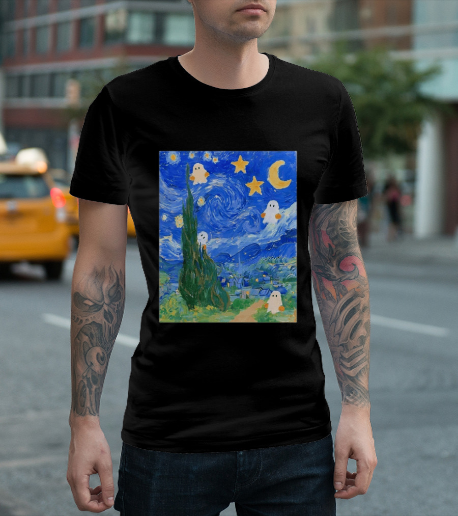 Starry Night Halloween Ghosts Vincent Van Gogh Painting T-Shirt