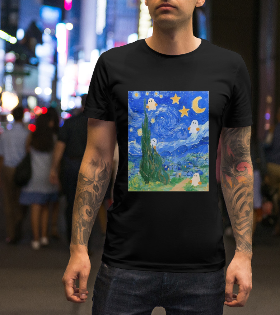 Starry Night Halloween Ghosts Vincent Van Gogh Painting T-Shirt