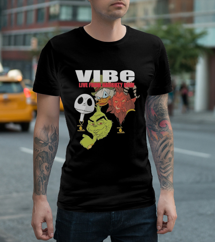 Vibe Live From Naughty Row Grinch Krampus Scrooge Jack Skellington Christmas Naughty Row Records T-Shirt