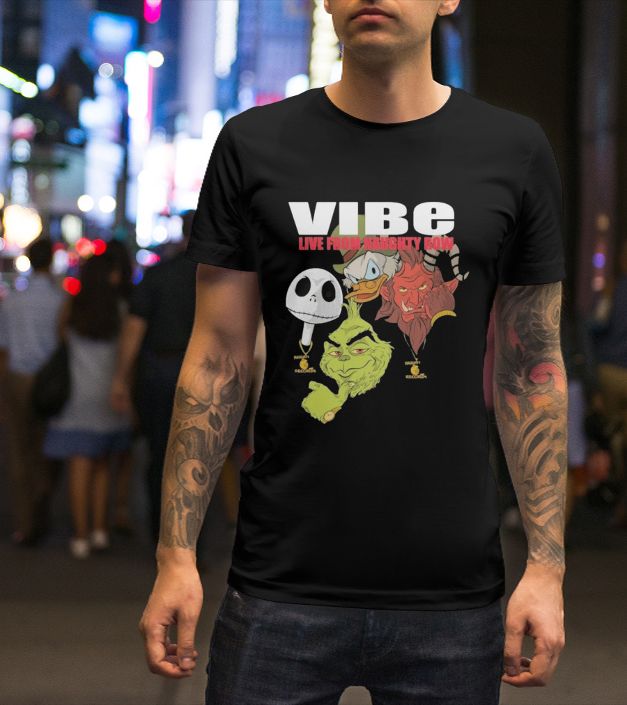 Vibe Live From Naughty Row Grinch Krampus Scrooge Jack Skellington Christmas Naughty Row Records T-Shirt