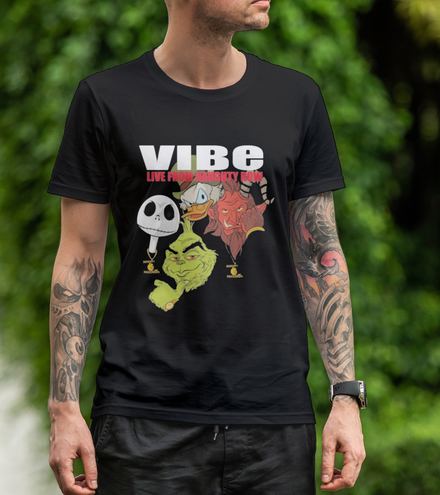 Vibe Live From Naughty Row Grinch Krampus Scrooge Jack Skellington Christmas Naughty Row Records T-Shirt