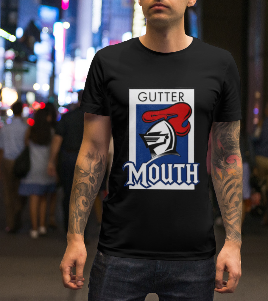 Guttermouth Newcastle Knights Collaboration Rugby League Iconic Helmet Red Blue T-Shirt