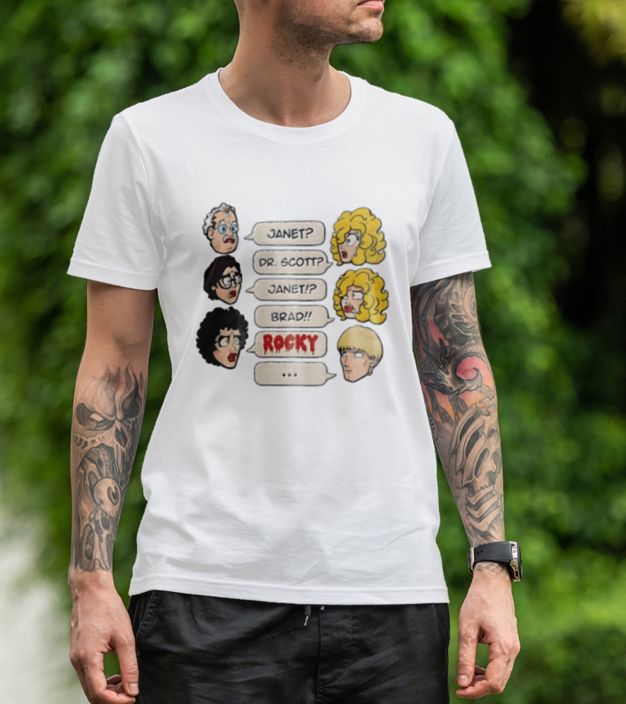 Janet Dr Scott Brad Rocky Horror Picture Show Speech Bubbles Cartoon Heads Dialogue T-Shirt