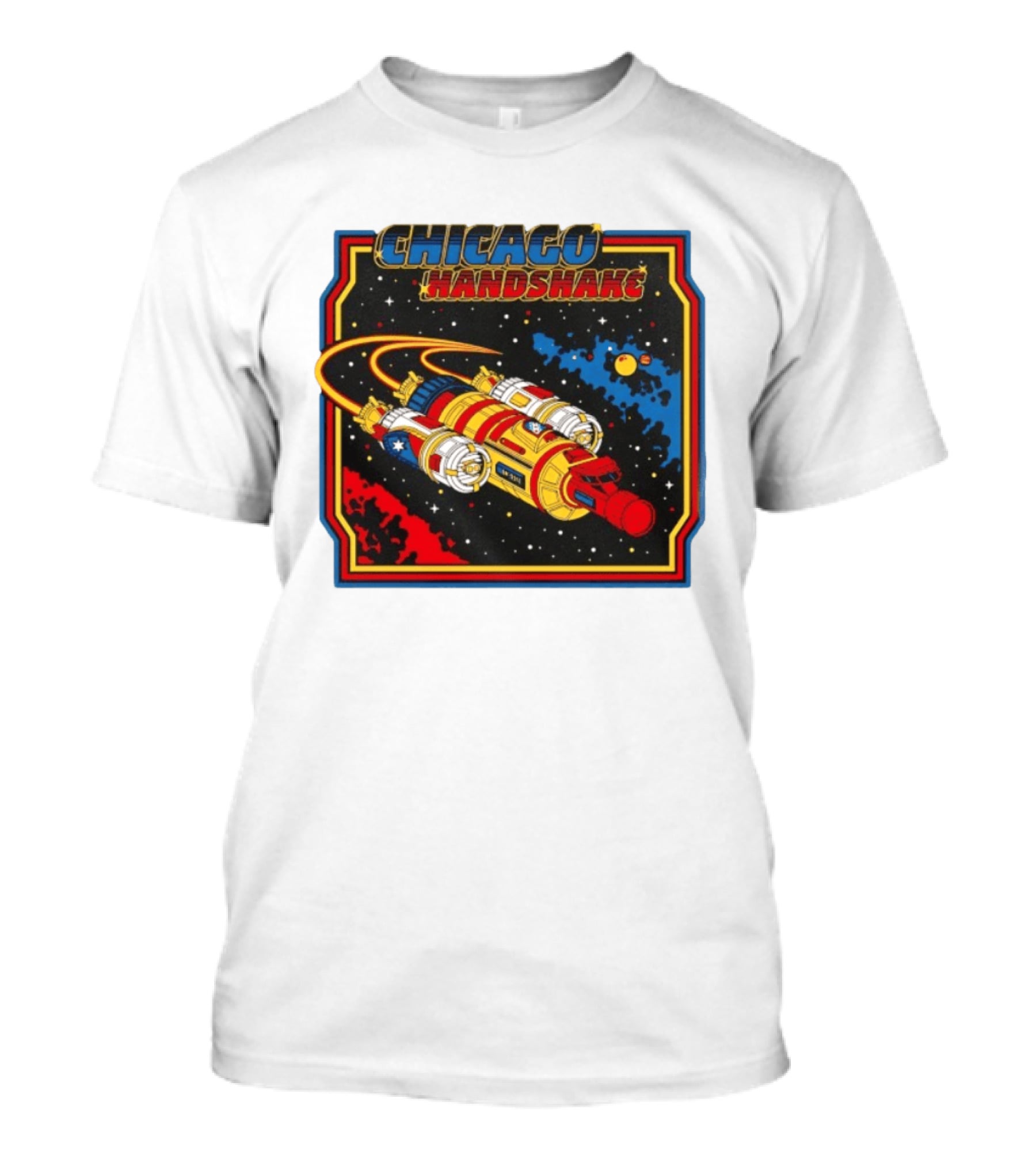 Chicago Handshake Spaceship Malort Old Lager Retro Sci Fi Space Adventure T-Shirt
