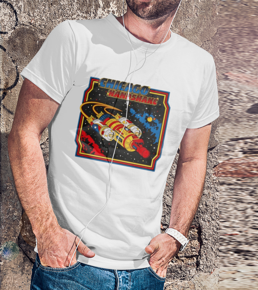 Chicago Handshake Spaceship Malort Old Lager Retro Sci Fi Space Adventure T-Shirt
