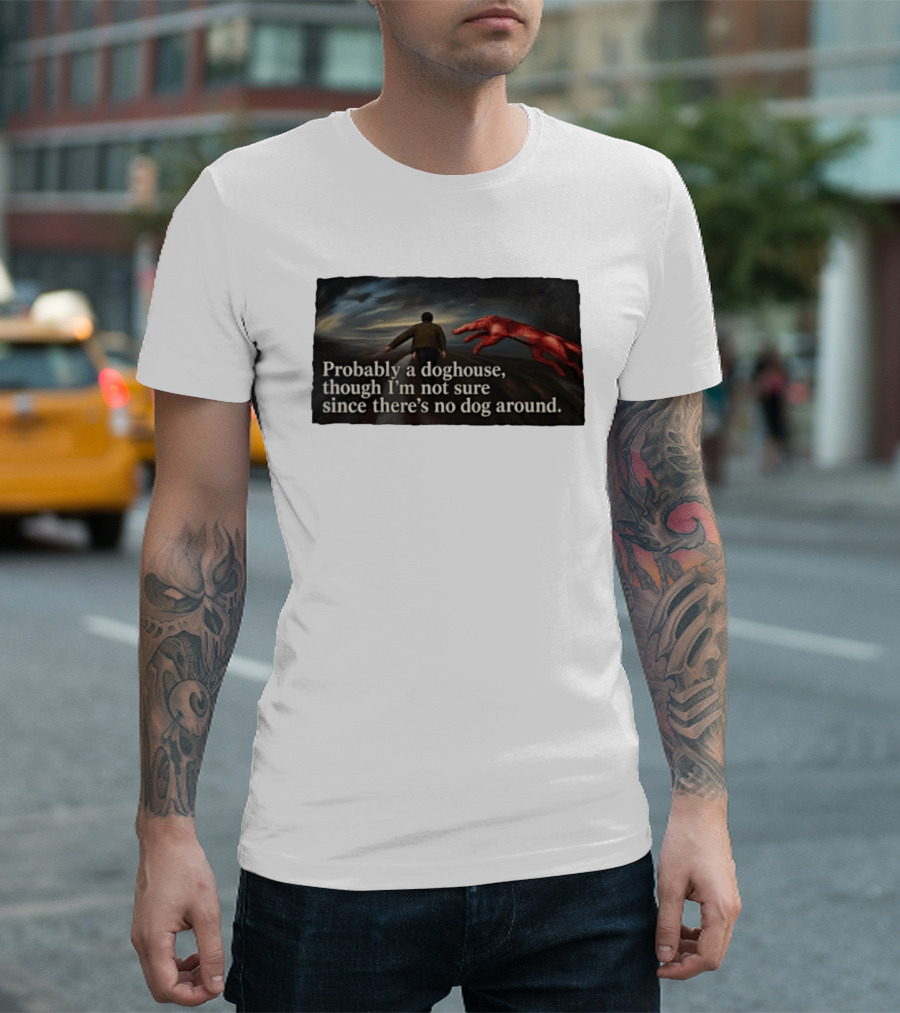 Probably A Doghouse Though I'm Not Sure Since There's No Dog Around Surreal Landscape With Figure And Red Creature T-Shirt