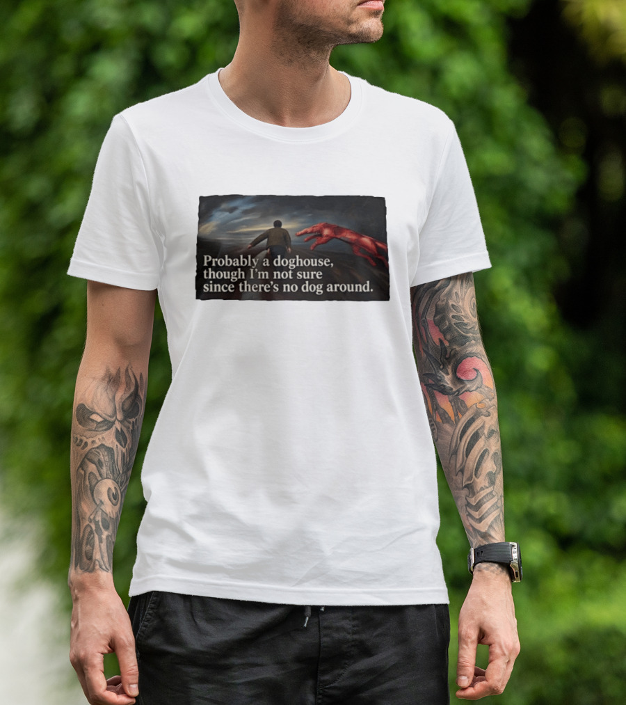Probably A Doghouse Though I'm Not Sure Since There's No Dog Around Surreal Landscape With Figure And Red Creature T-Shirt