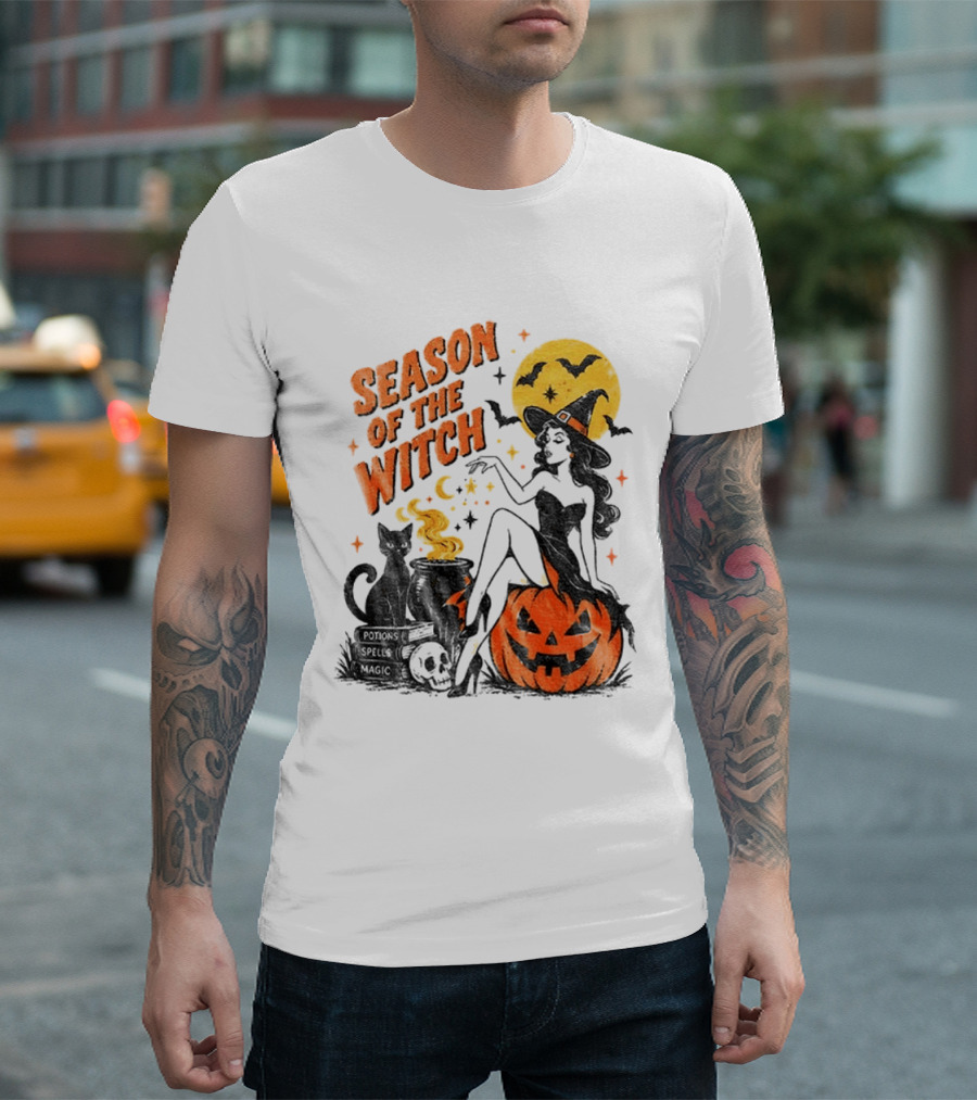 Season Of The Witch Halloween Spooky Season Full Moon Pumpkin Black Cat Bat T-Shirt