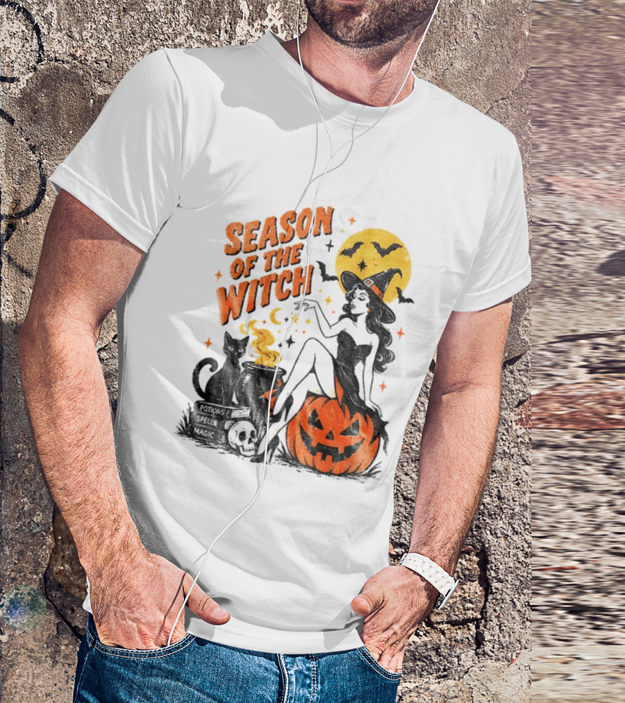 Season Of The Witch Halloween Spooky Season Full Moon Pumpkin Black Cat Bat T-Shirt