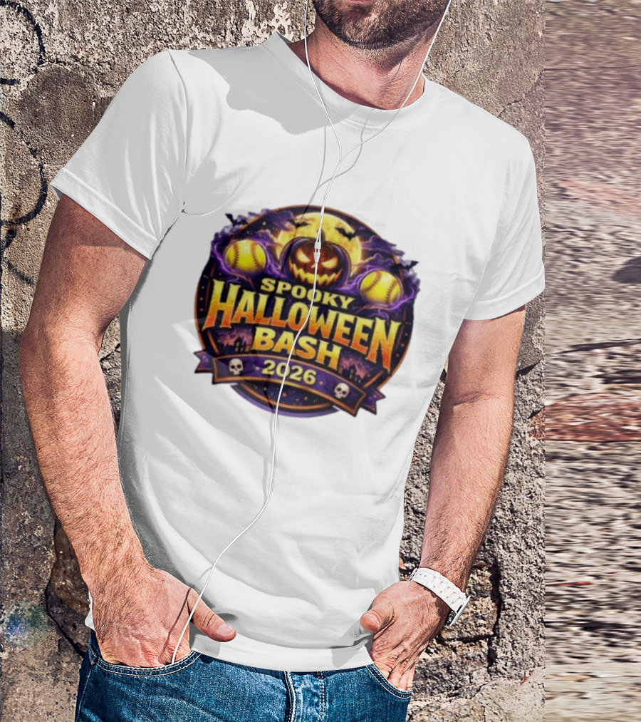 Spooky Halloween Bash 2026 Pumpkin Moonlit Baseball Skulls T-Shirt