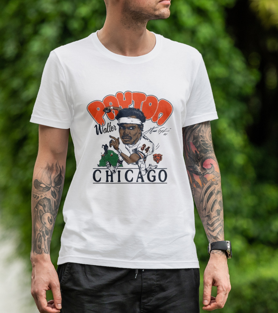 Walter Payton Chicago Bears 34 Caricature Player Signature Drawing T-Shirt