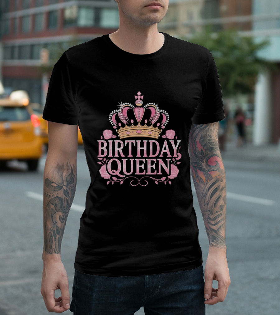Birthday Queen Crown Pink Roses Celebration T-Shirt