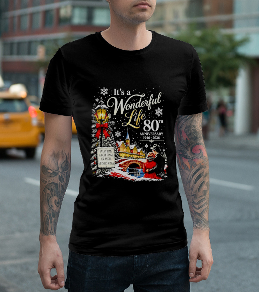 It's A Wonderful Life 80th Anniversary 1946 2026 Christmas Village Scene Snowflakes Lantern T-Shirt